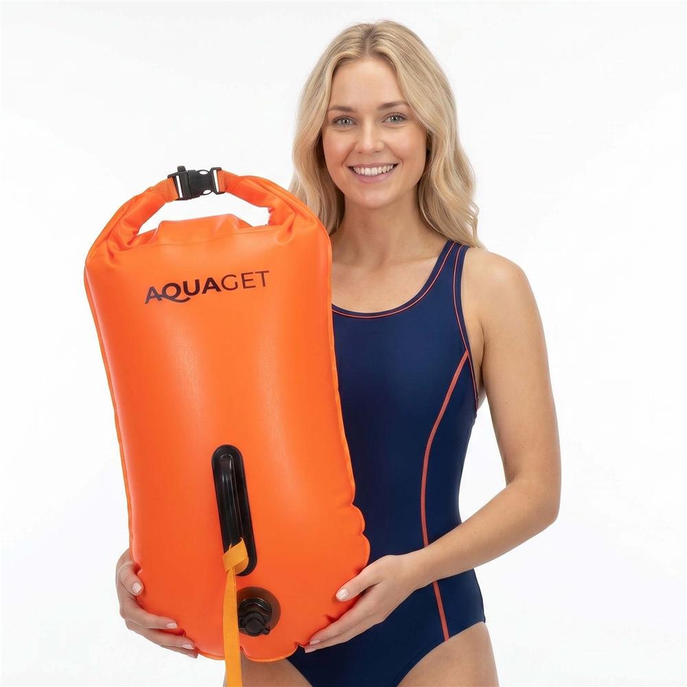 Geanta de inot cu spatiu depozitare uscat 2 in 1, geamandura gonflabila de siguranta, etansa cu 2 camere de aer, 36 L, fluier de urgenta incorporat, 54x27x21 cm, portocaliu fluorescent - imagine 6