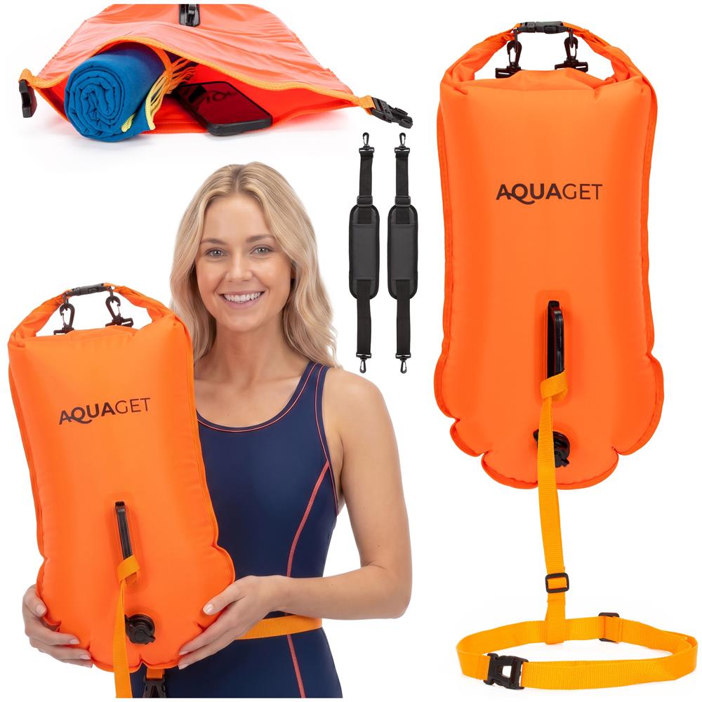 Geanta de inot tip rucsac, cu spatiu depozitare uscat 2 in 1, geamandura gonflabila de siguranta, etansa cu 2 camere de aer, 35 L, fluier de urgenta incorporat, 60x29x22 cm, portocaliu fluorescent - imagine 2