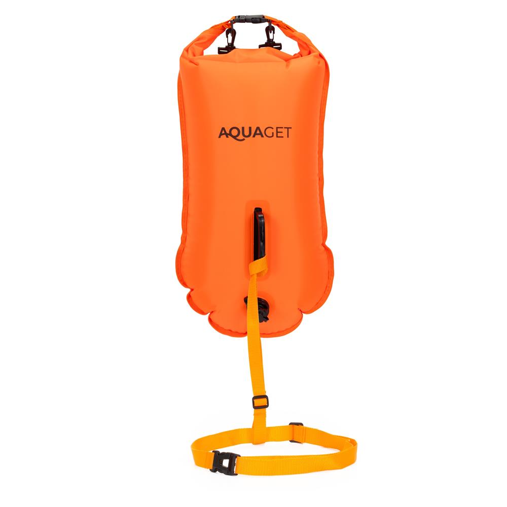 Geanta de inot tip rucsac, cu spatiu depozitare uscat 2 in 1, geamandura gonflabila de siguranta, etansa cu 2 camere de aer, 35 L, fluier de urgenta incorporat, 60x29x22 cm, portocaliu fluorescent - imagine 12