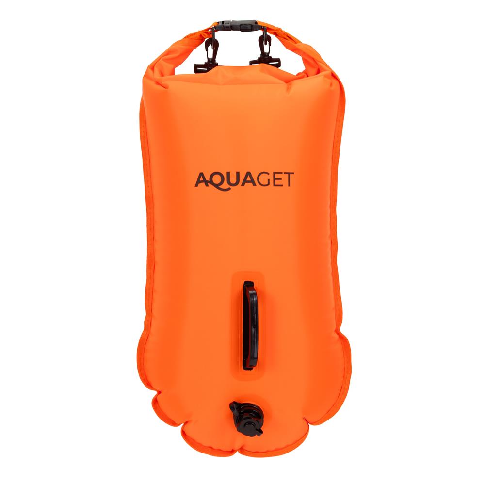 Geanta de inot tip rucsac, cu spatiu depozitare uscat 2 in 1, geamandura gonflabila de siguranta, etansa cu 2 camere de aer, 35 L, fluier de urgenta incorporat, 60x29x22 cm, portocaliu fluorescent - imagine 13