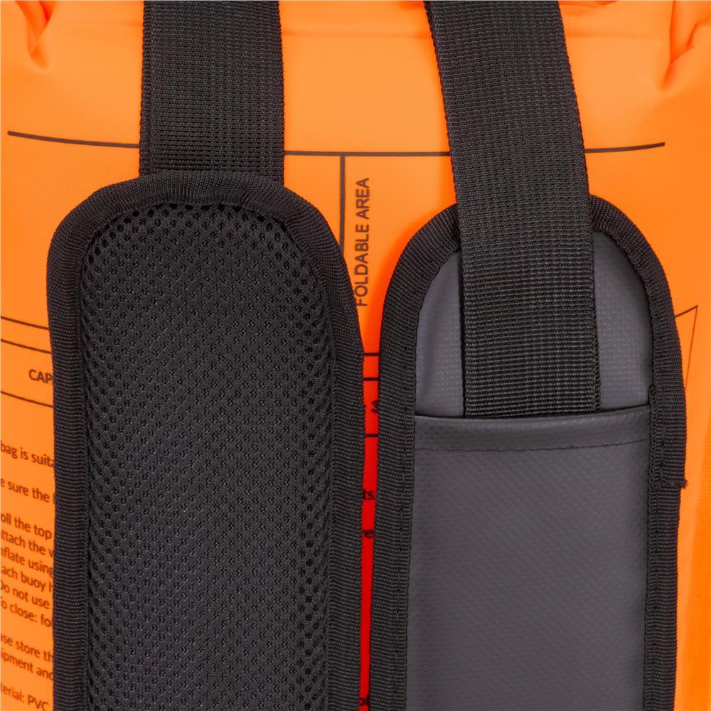 Geanta de inot tip rucsac, cu spatiu depozitare uscat 2 in 1, geamandura gonflabila de siguranta, etansa cu 2 camere de aer, 35 L, fluier de urgenta incorporat, 60x29x22 cm, portocaliu fluorescent - imagine 17