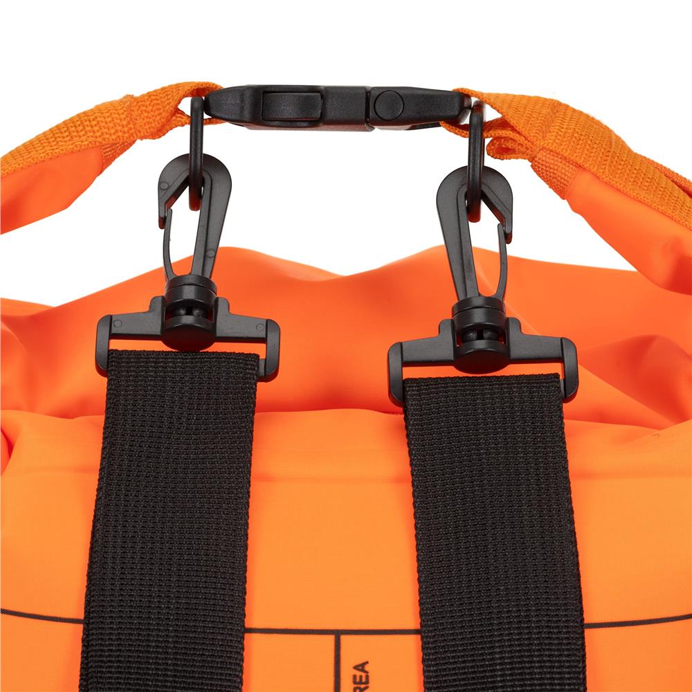 Geanta de inot tip rucsac, cu spatiu depozitare uscat 2 in 1, geamandura gonflabila de siguranta, etansa cu 2 camere de aer, 35 L, fluier de urgenta incorporat, 60x29x22 cm, portocaliu fluorescent - imagine 19