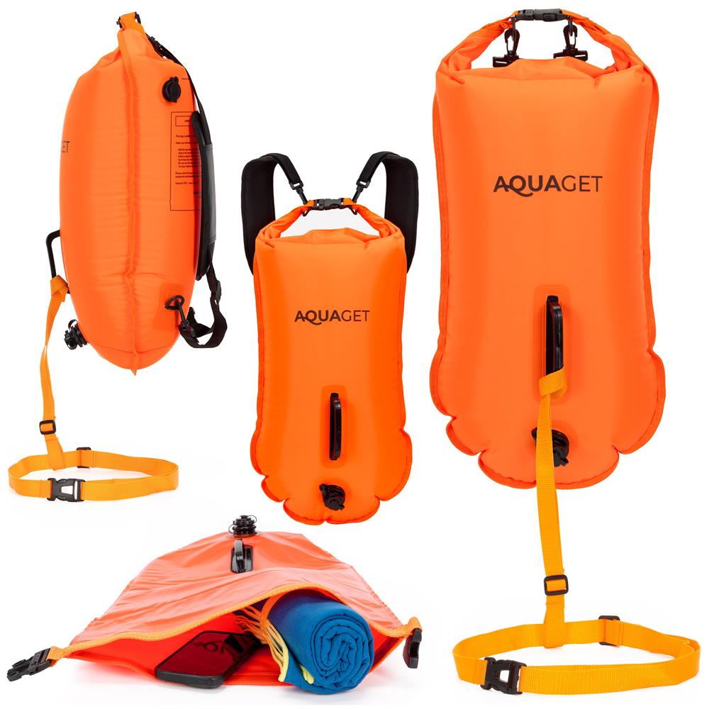 Geanta de inot tip rucsac, cu spatiu depozitare uscat 2 in 1, geamandura gonflabila de siguranta, etansa cu 2 camere de aer, 35 L, fluier de urgenta incorporat, 60x29x22 cm, portocaliu fluorescent