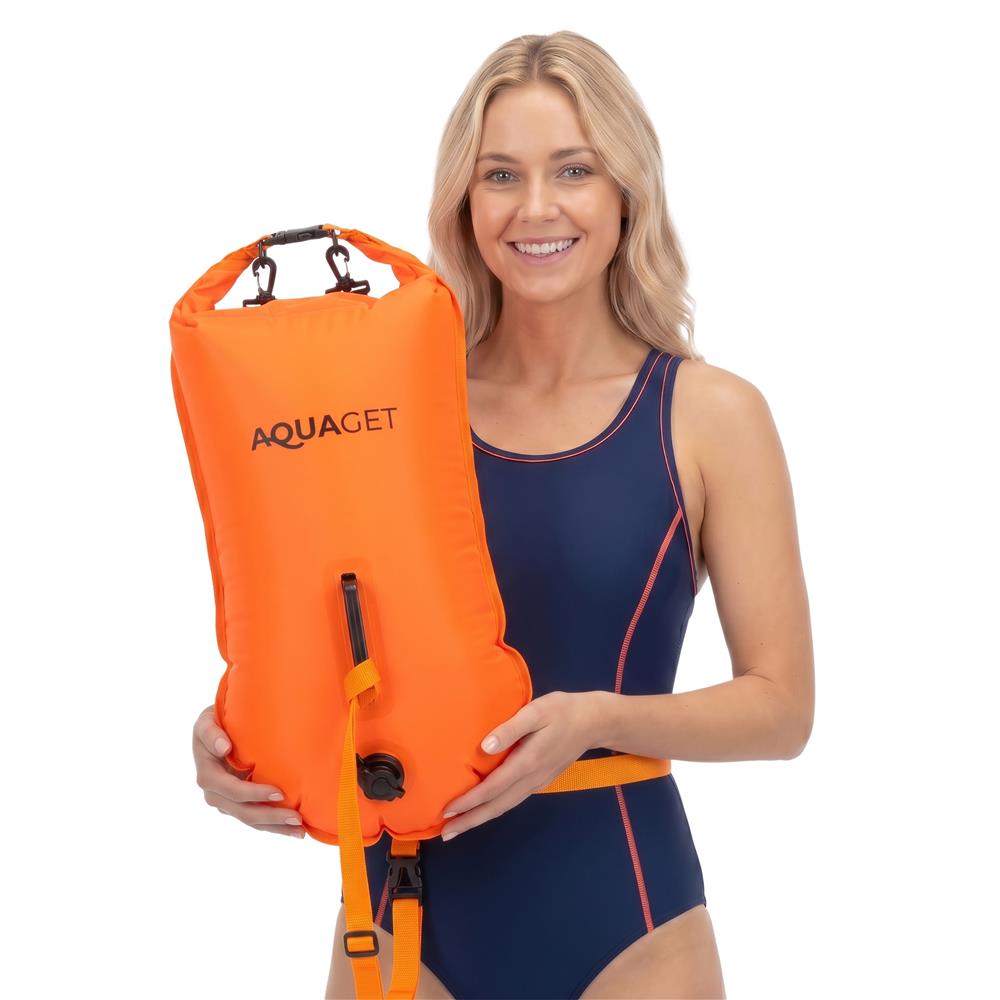 Geanta de inot tip rucsac, cu spatiu depozitare uscat 2 in 1, geamandura gonflabila de siguranta, etansa cu 2 camere de aer, 35 L, fluier de urgenta incorporat, 60x29x22 cm, portocaliu fluorescent - imagine 20