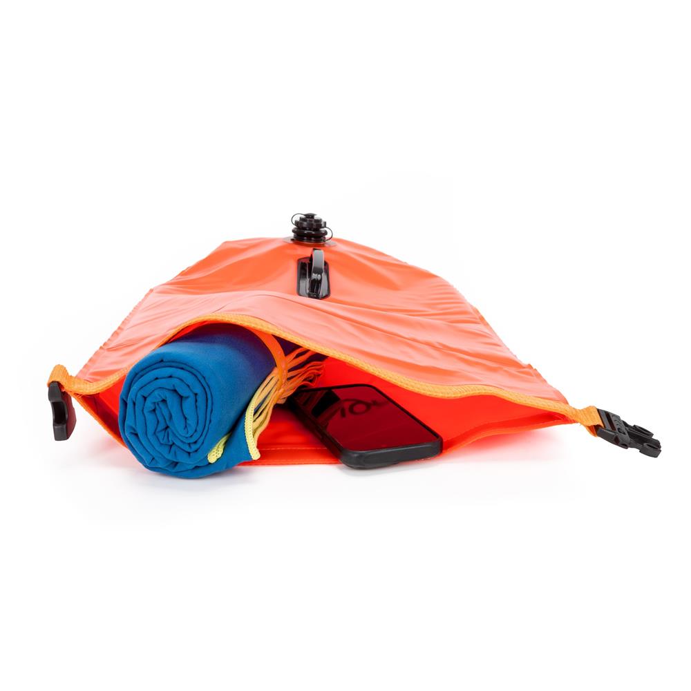 Geanta de inot tip rucsac, cu spatiu depozitare uscat 2 in 1, geamandura gonflabila de siguranta, etansa cu 2 camere de aer, 35 L, fluier de urgenta incorporat, 60x29x22 cm, portocaliu fluorescent - imagine 23