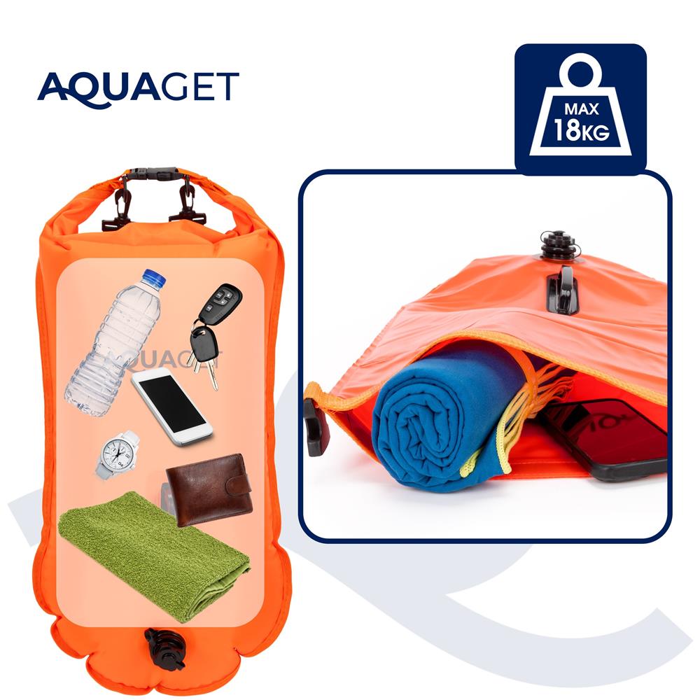 Geanta de inot tip rucsac, cu spatiu depozitare uscat 2 in 1, geamandura gonflabila de siguranta, etansa cu 2 camere de aer, 35 L, fluier de urgenta incorporat, 60x29x22 cm, portocaliu fluorescent - imagine 3