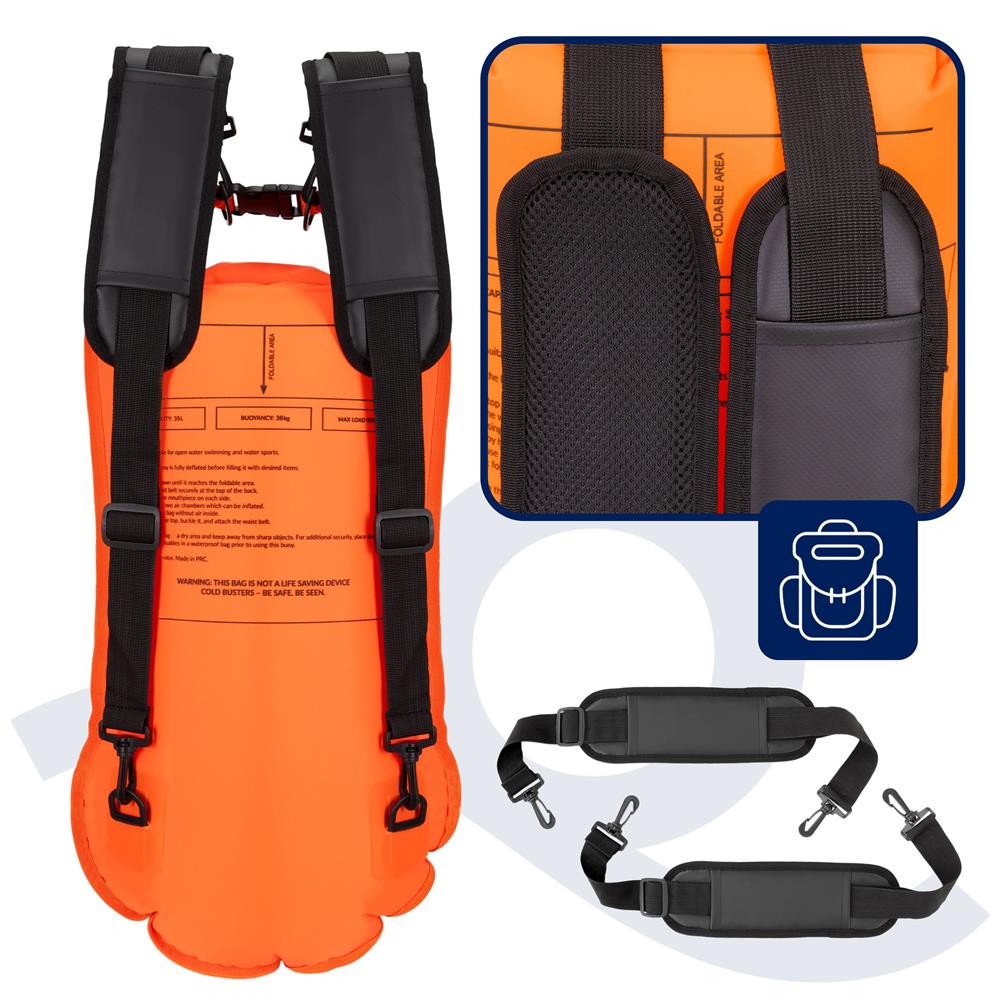 Geanta de inot tip rucsac, cu spatiu depozitare uscat 2 in 1, geamandura gonflabila de siguranta, etansa cu 2 camere de aer, 35 L, fluier de urgenta incorporat, 60x29x22 cm, portocaliu fluorescent - imagine 35