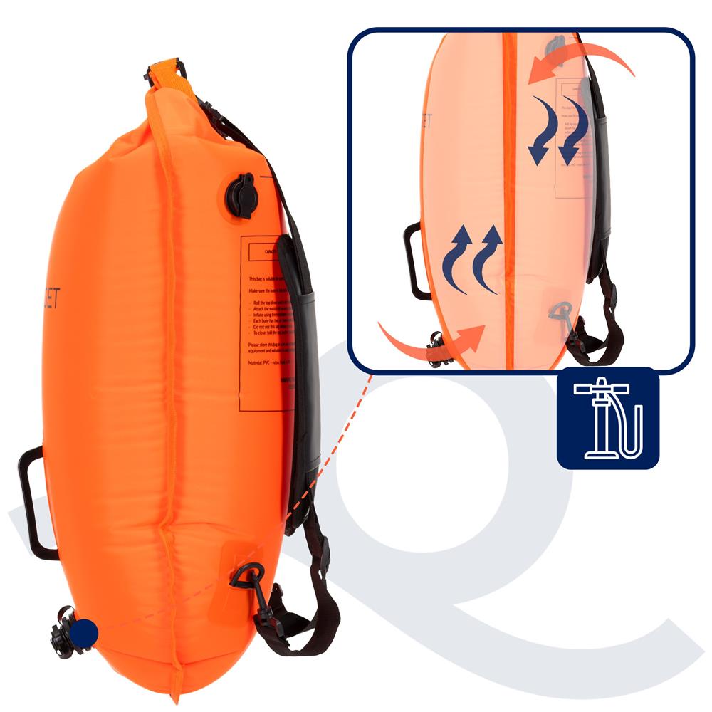 Geanta de inot tip rucsac, cu spatiu depozitare uscat 2 in 1, geamandura gonflabila de siguranta, etansa cu 2 camere de aer, 35 L, fluier de urgenta incorporat, 60x29x22 cm, portocaliu fluorescent - imagine 36