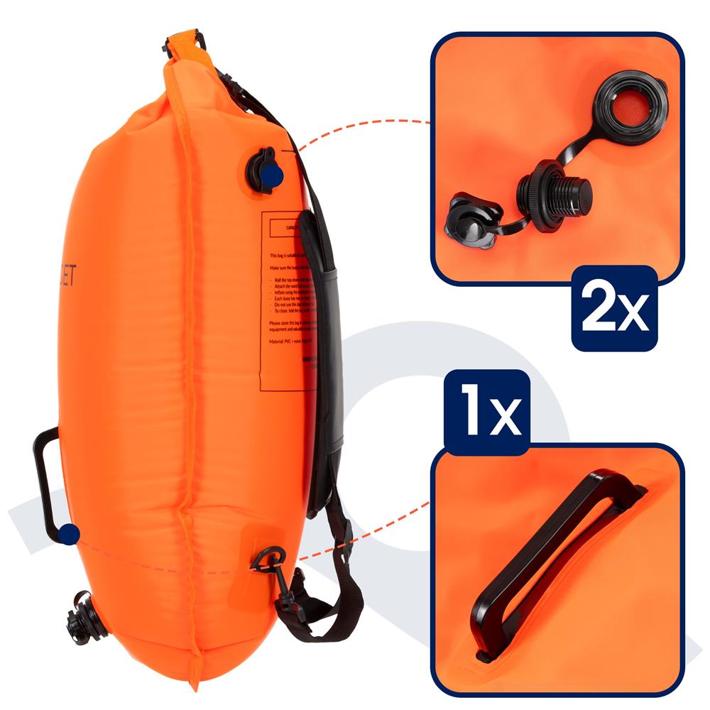 Geanta de inot tip rucsac, cu spatiu depozitare uscat 2 in 1, geamandura gonflabila de siguranta, etansa cu 2 camere de aer, 35 L, fluier de urgenta incorporat, 60x29x22 cm, portocaliu fluorescent - imagine 37