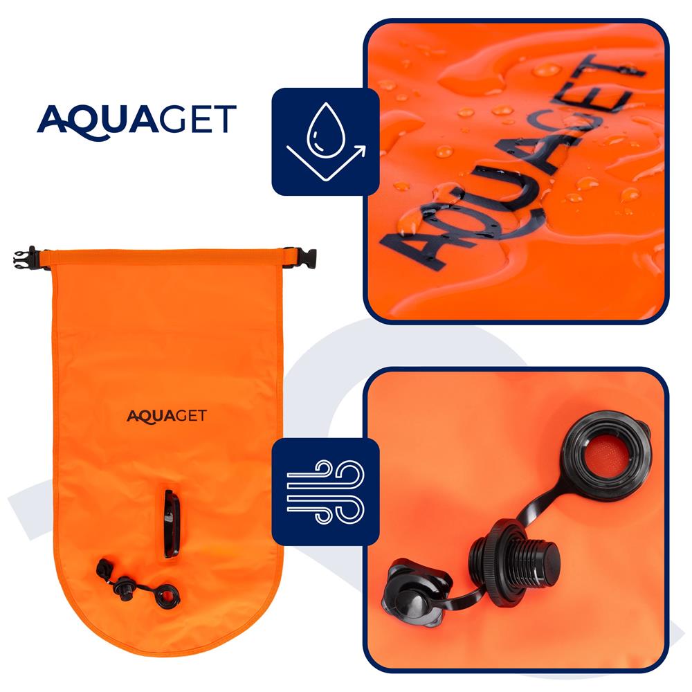 Geanta de inot tip rucsac, cu spatiu depozitare uscat 2 in 1, geamandura gonflabila de siguranta, etansa cu 2 camere de aer, 35 L, fluier de urgenta incorporat, 60x29x22 cm, portocaliu fluorescent - imagine 6
