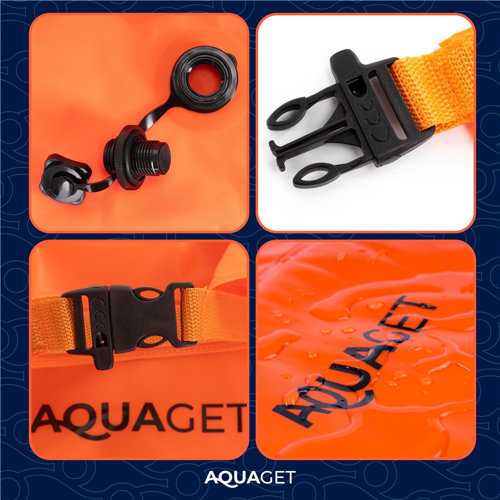 Geanta de inot tip rucsac, cu spatiu depozitare uscat 2 in 1, geamandura gonflabila de siguranta, etansa cu 2 camere de aer, 35 L, fluier de urgenta incorporat, 60x29x22 cm, portocaliu fluorescent - imagine 8