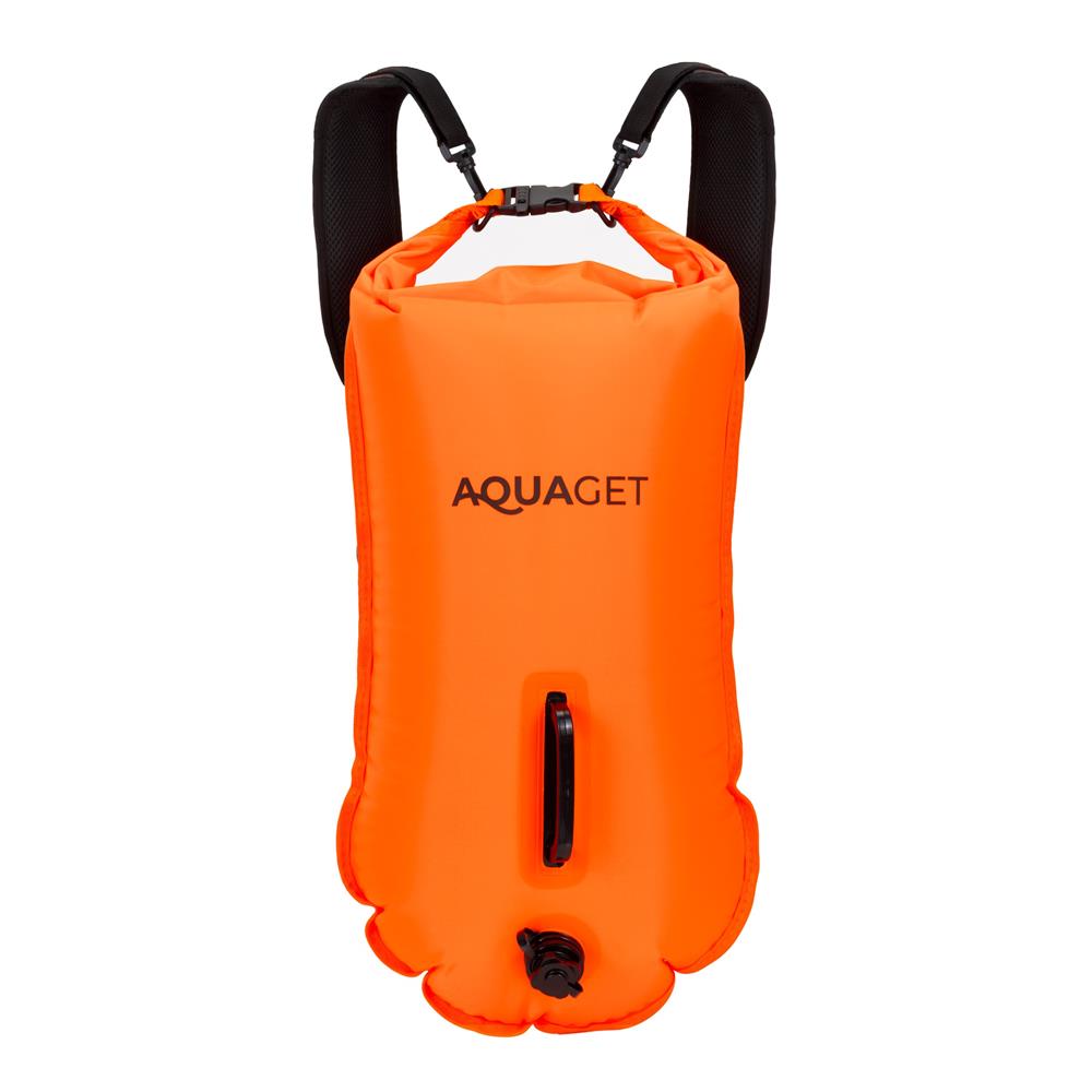 Geanta de inot tip rucsac, cu spatiu depozitare uscat 2 in 1, geamandura gonflabila de siguranta, etansa cu 2 camere de aer, 35 L, fluier de urgenta incorporat, 60x29x22 cm, portocaliu fluorescent - imagine 9