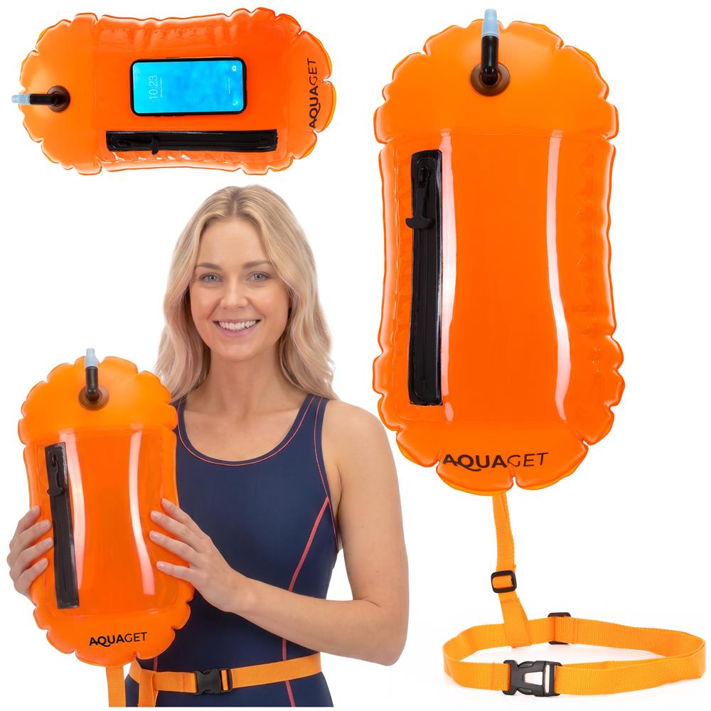 Geanta de inot cu spatiu depozitare uscat 2 in 1, geamandura gonflabila de siguranta, fereastra transparenta pentru utilizare telefon, 20 L, 42x22x15 cm, portocaliu fluorescent - imagine 2