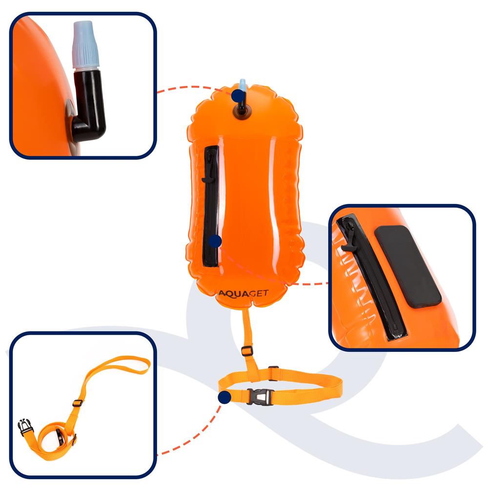 Geanta de inot cu spatiu depozitare uscat 2 in 1, geamandura gonflabila de siguranta, fereastra transparenta pentru utilizare telefon, 20 L, 42x22x15 cm, portocaliu fluorescent - imagine 10
