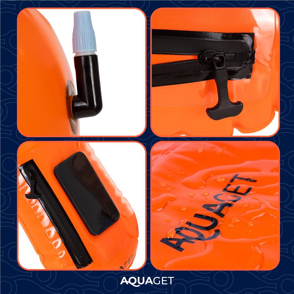 Geanta de inot cu spatiu depozitare uscat 2 in 1, geamandura gonflabila de siguranta, fereastra transparenta pentru utilizare telefon, 20 L, 42x22x15 cm, portocaliu fluorescent - imagine 11
