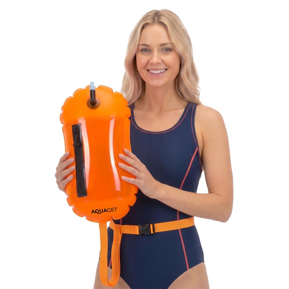 Geanta de inot cu spatiu depozitare uscat 2 in 1, geamandura gonflabila de siguranta, fereastra transparenta pentru utilizare telefon, 20 L, 42x22x15 cm, portocaliu fluorescent - imagine 12