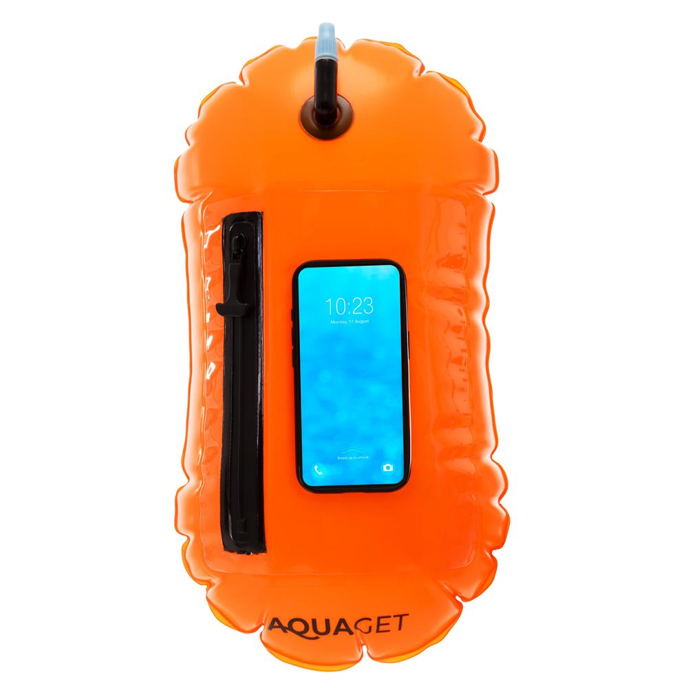 Geanta de inot cu spatiu depozitare uscat 2 in 1, geamandura gonflabila de siguranta, fereastra transparenta pentru utilizare telefon, 20 L, 42x22x15 cm, portocaliu fluorescent - imagine 14