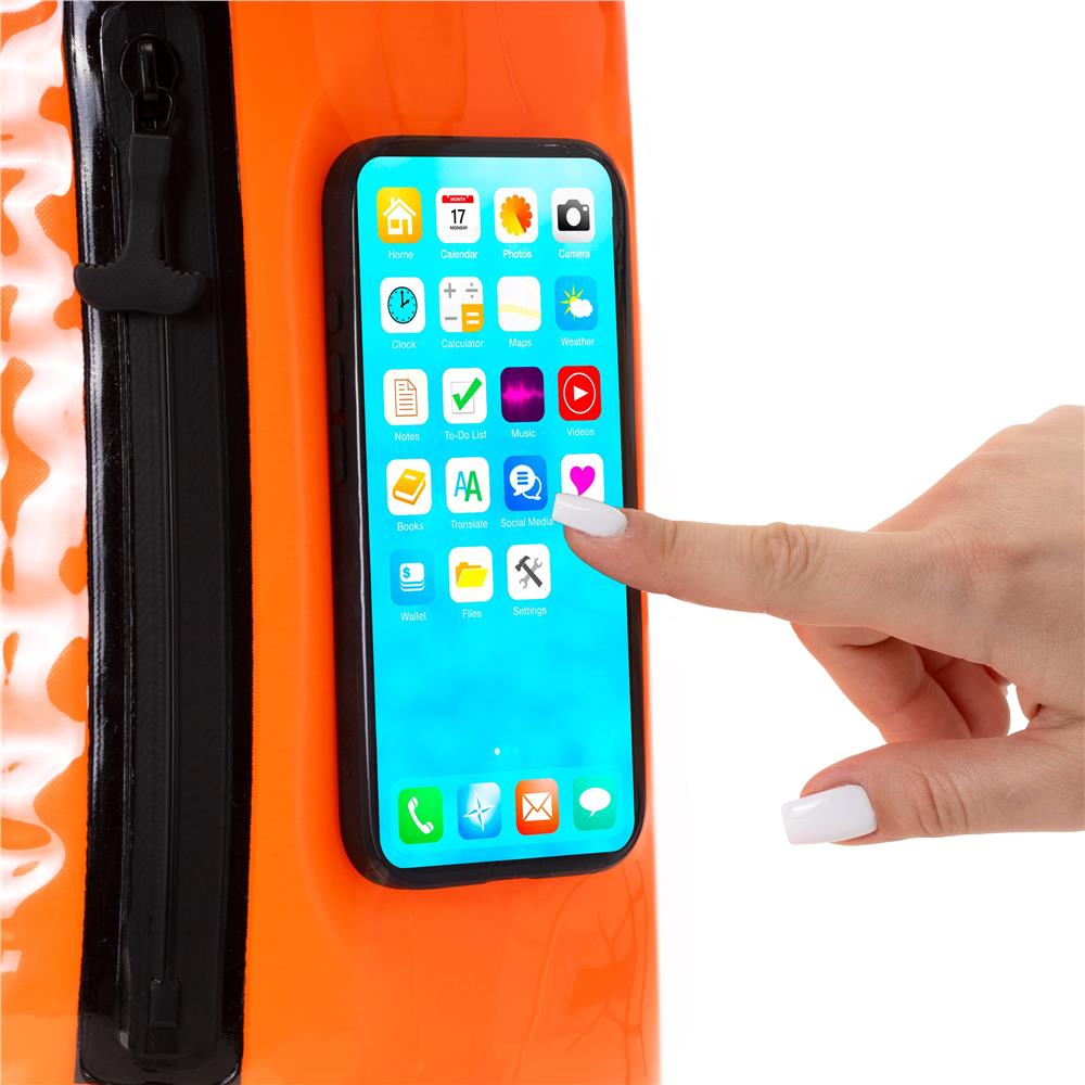 Geanta de inot cu spatiu depozitare uscat 2 in 1, geamandura gonflabila de siguranta, fereastra transparenta pentru utilizare telefon, 20 L, 42x22x15 cm, portocaliu fluorescent - imagine 18