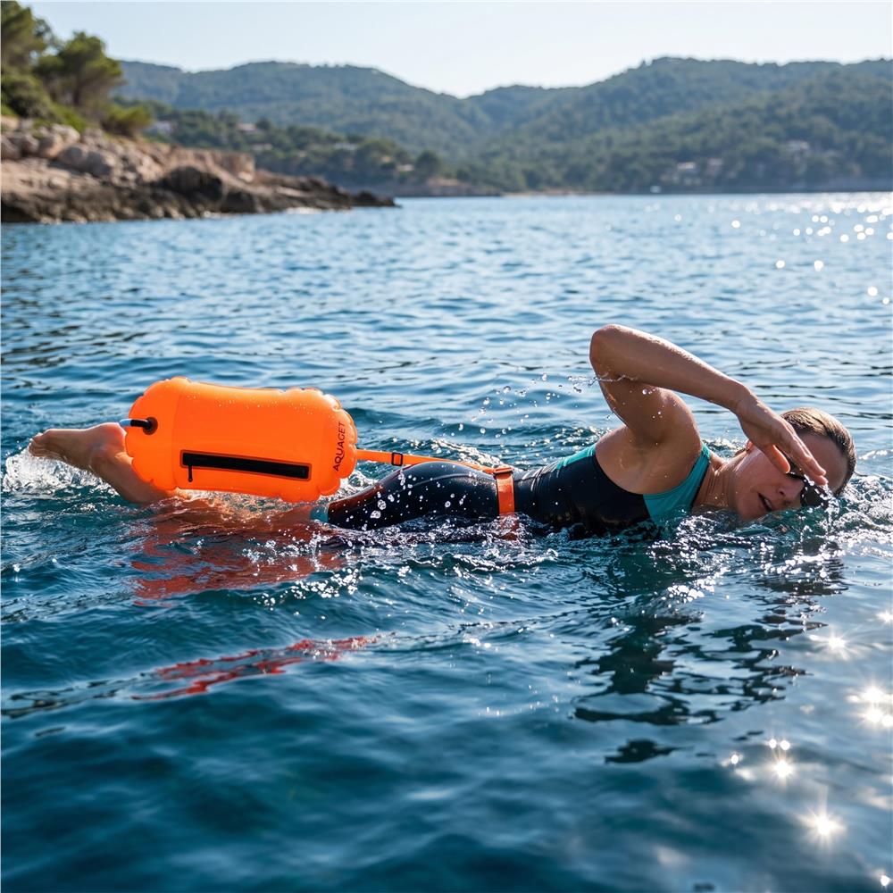 Geanta de inot cu spatiu depozitare uscat 2 in 1, geamandura gonflabila de siguranta, fereastra transparenta pentru utilizare telefon, 20 L, 42x22x15 cm, portocaliu fluorescent - imagine 28
