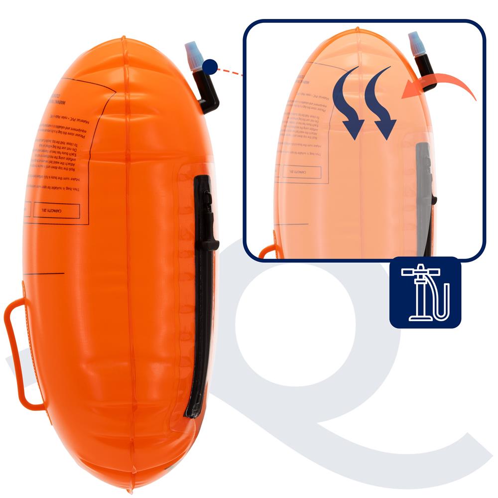 Geanta de inot cu spatiu depozitare uscat 2 in 1, geamandura gonflabila de siguranta, fereastra transparenta pentru utilizare telefon, 20 L, 42x22x15 cm, portocaliu fluorescent - imagine 4