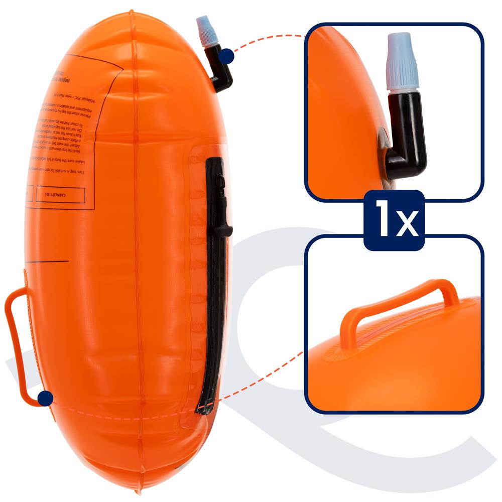 Geanta de inot cu spatiu depozitare uscat 2 in 1, geamandura gonflabila de siguranta, fereastra transparenta pentru utilizare telefon, 20 L, 42x22x15 cm, portocaliu fluorescent - imagine 5