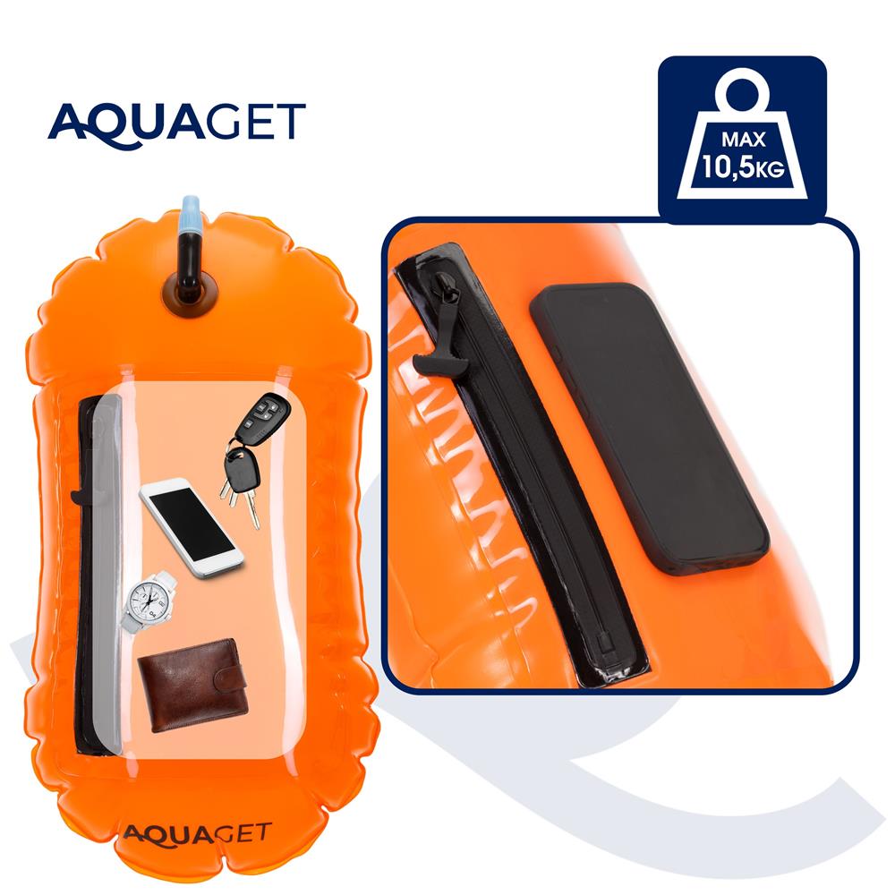 Geanta de inot cu spatiu depozitare uscat 2 in 1, geamandura gonflabila de siguranta, fereastra transparenta pentru utilizare telefon, 20 L, 42x22x15 cm, portocaliu fluorescent - imagine 6
