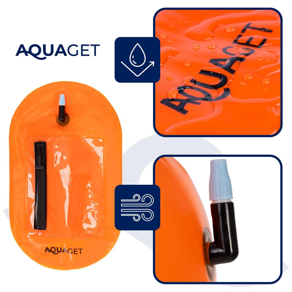Geanta de inot cu spatiu depozitare uscat 2 in 1, geamandura gonflabila de siguranta, fereastra transparenta pentru utilizare telefon, 20 L, 42x22x15 cm, portocaliu fluorescent - imagine 9
