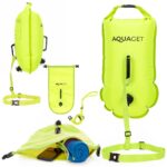 Geanta de inot cu spatiu depozitare uscat 2 in 1, geamandura gonflabila de siguranta, etansa cu 2 camere de aer, 15 L, fluier de urgenta incorporat, 50x25x22 cm, verde fluorescent