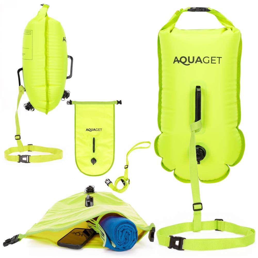 Geanta de inot cu spatiu depozitare uscat 2 in 1, geamandura gonflabila de siguranta, etansa cu 2 camere de aer, 15 L, fluier de urgenta incorporat, 50x25x22 cm, verde fluorescent