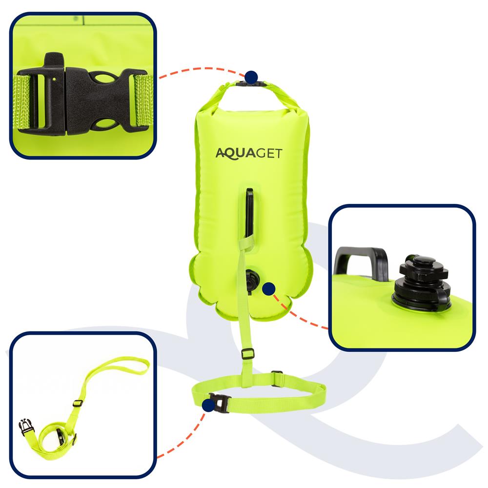 Geanta de inot cu spatiu depozitare uscat 2 in 1, geamandura gonflabila de siguranta, etansa cu 2 camere de aer, 15 L, fluier de urgenta incorporat, 50x25x22 cm, verde fluorescent - imagine 10