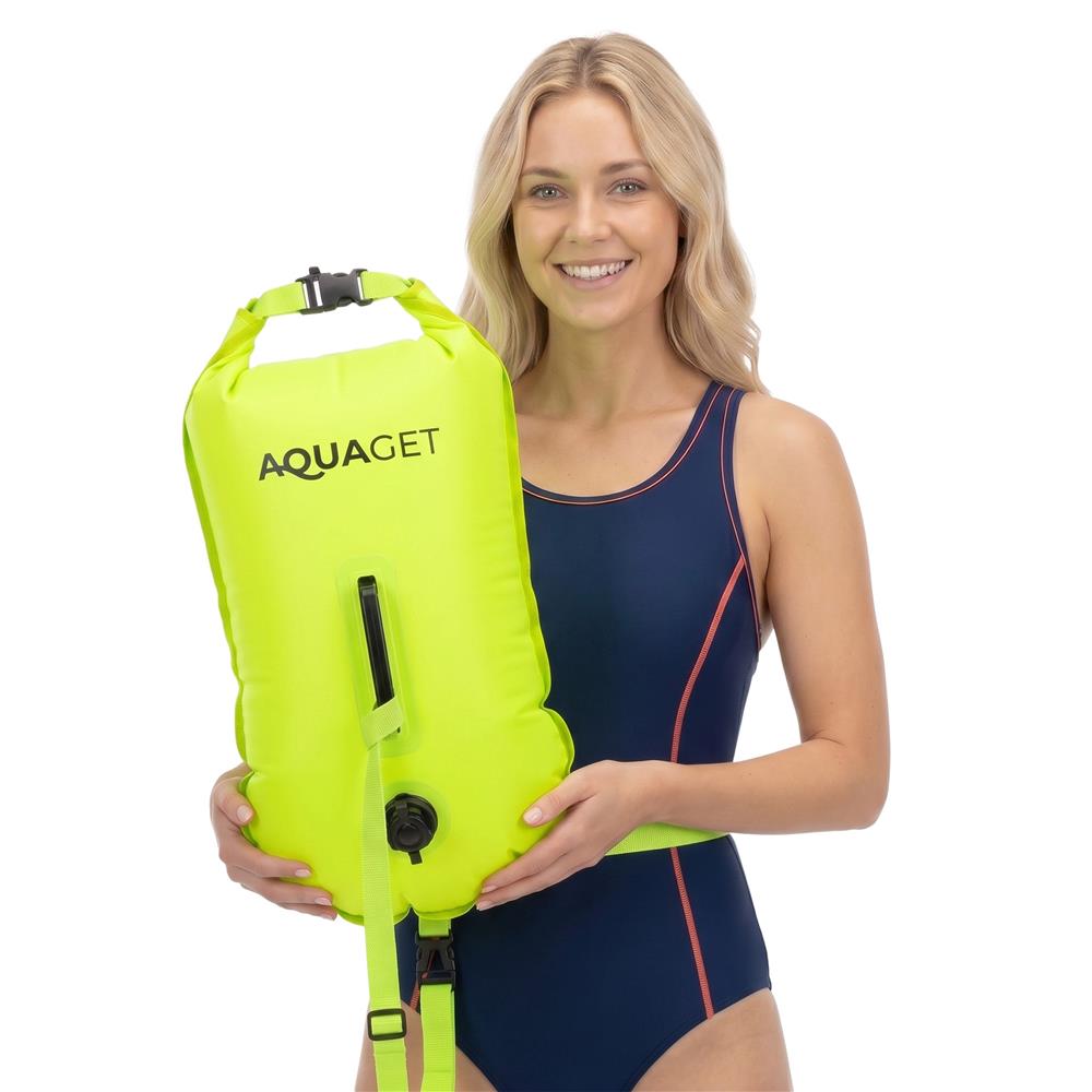 Geanta de inot cu spatiu depozitare uscat 2 in 1, geamandura gonflabila de siguranta, etansa cu 2 camere de aer, 15 L, fluier de urgenta incorporat, 50x25x22 cm, verde fluorescent - imagine 14
