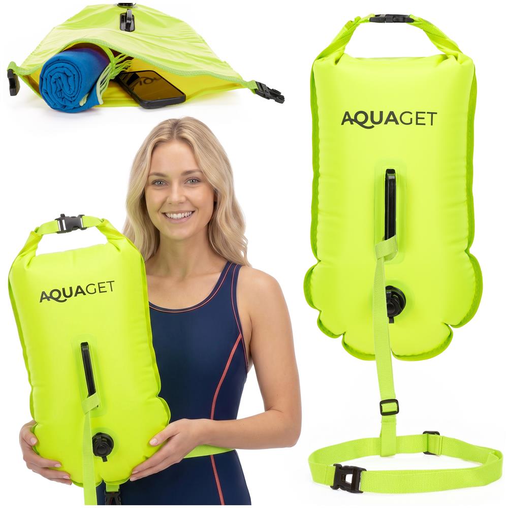 Geanta de inot cu spatiu depozitare uscat 2 in 1, geamandura gonflabila de siguranta, etansa cu 2 camere de aer, 15 L, fluier de urgenta incorporat, 50x25x22 cm, verde fluorescent - imagine 2