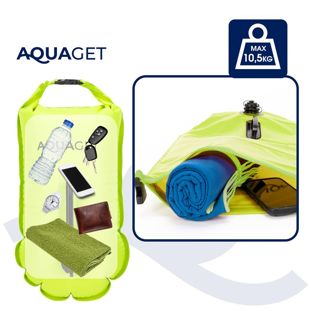Geanta de inot cu spatiu depozitare uscat 2 in 1, geamandura gonflabila de siguranta, etansa cu 2 camere de aer, 15 L, fluier de urgenta incorporat, 50x25x22 cm, verde fluorescent - imagine 6