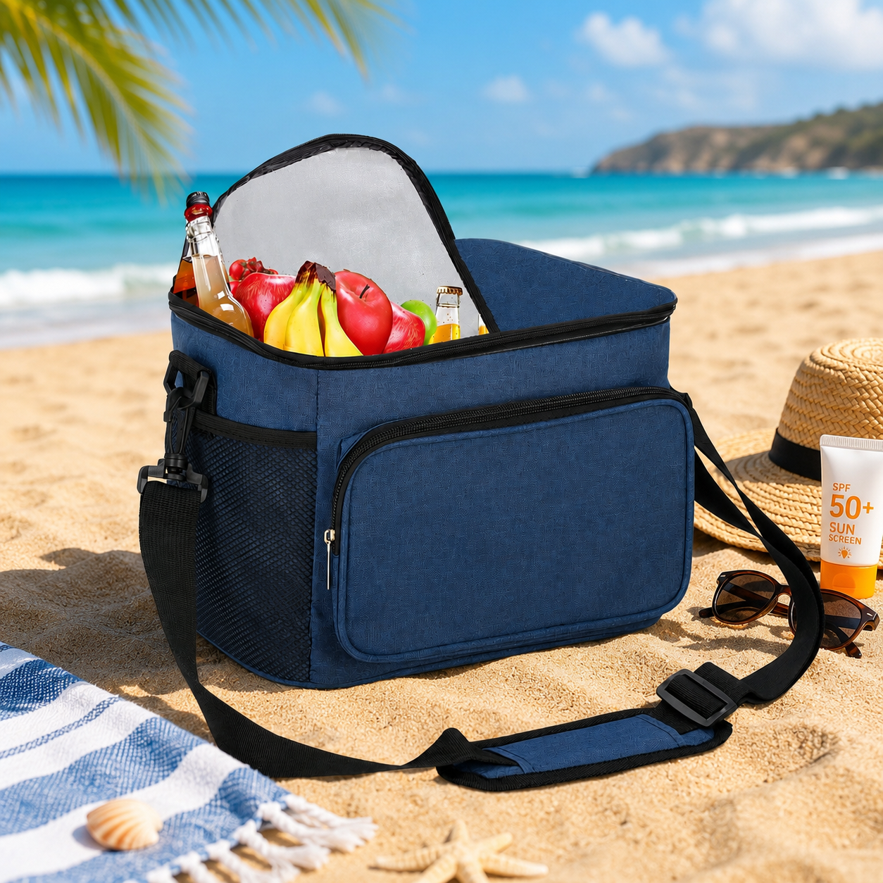 Geanta termoizolanta pentru plaja sau picnic, 11 L, pliabila, 27x19x20,5 cm, albastru - imagine 22