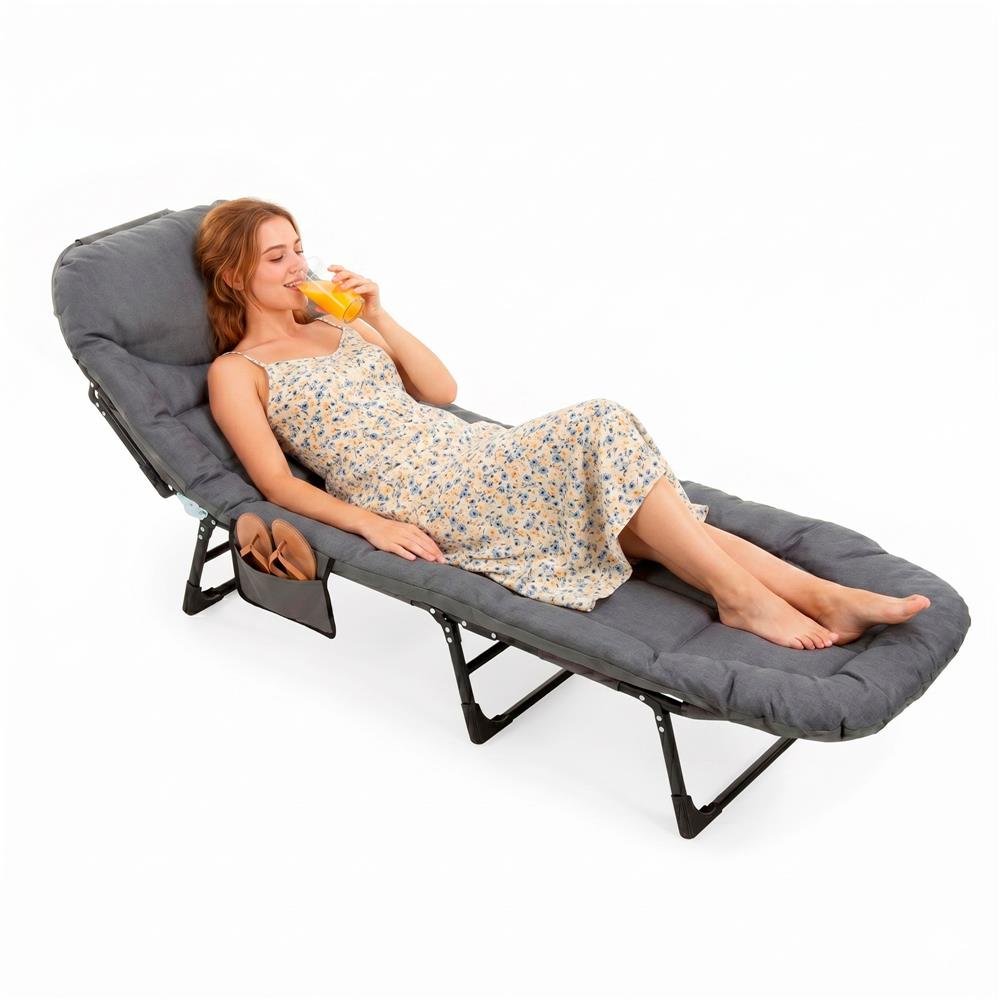Sezlong pliabil pentru gradina, cu saltea, tetiera reglabila si buzunar lateral, 200x65x30 cm, 150 kg, gri - imagine 20