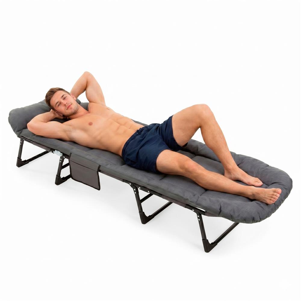 Sezlong pliabil pentru gradina, cu saltea, tetiera reglabila si buzunar lateral, 200x65x30 cm, 150 kg, gri - imagine 21