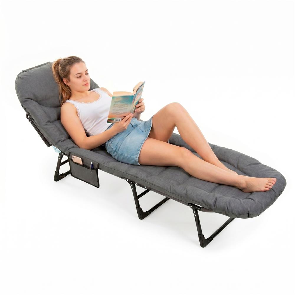 Sezlong pliabil pentru gradina, cu saltea, tetiera reglabila si buzunar lateral, 200x65x30 cm, 150 kg, gri - imagine 22
