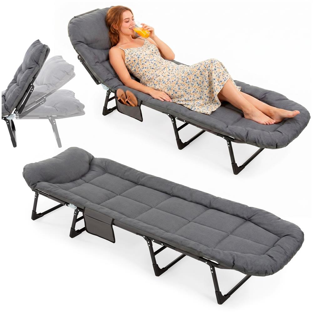 Sezlong pliabil pentru gradina, cu saltea, tetiera reglabila si buzunar lateral, 200x65x30 cm, 150 kg, gri - imagine 4
