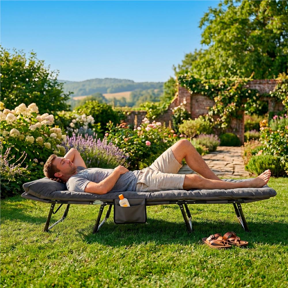 Sezlong pliabil pentru gradina, cu saltea, tetiera reglabila si buzunar lateral, 200x65x30 cm, 150 kg, gri - imagine 32
