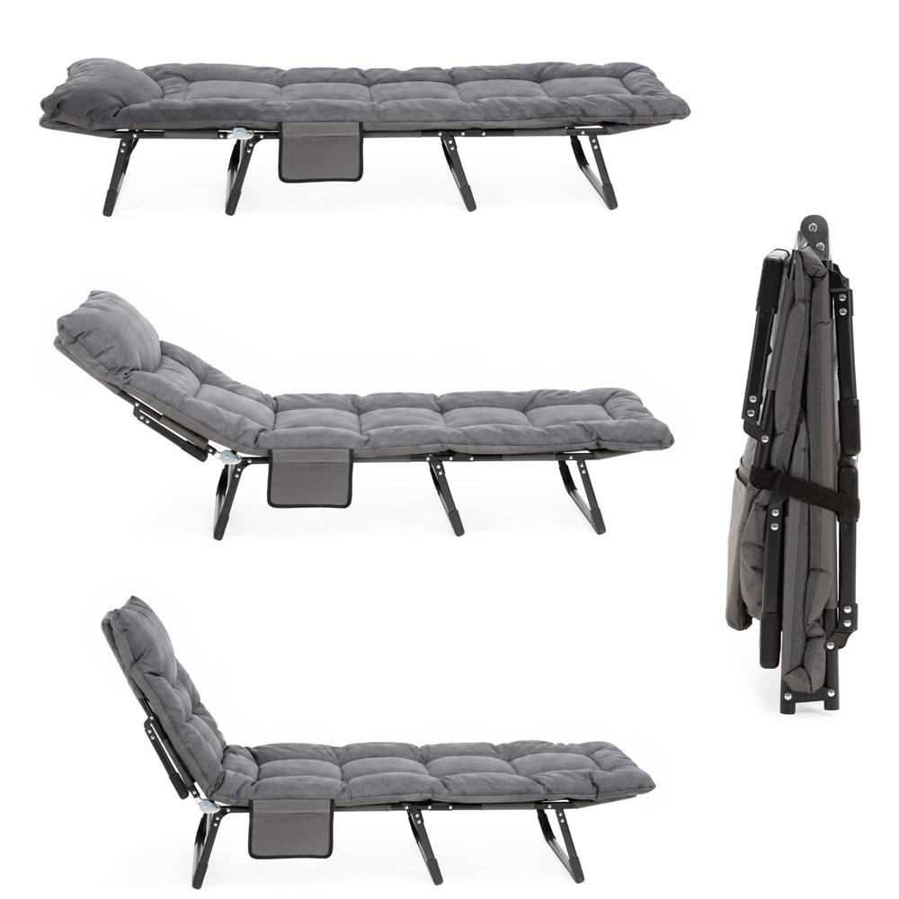 Sezlong pliabil pentru gradina, cu saltea, tetiera reglabila si buzunar lateral, 200x65x30 cm, 150 kg, gri - imagine 38