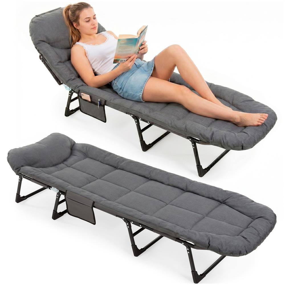 Sezlong pliabil pentru gradina, cu saltea, tetiera reglabila si buzunar lateral, 200x65x30 cm, 150 kg, gri - imagine 5