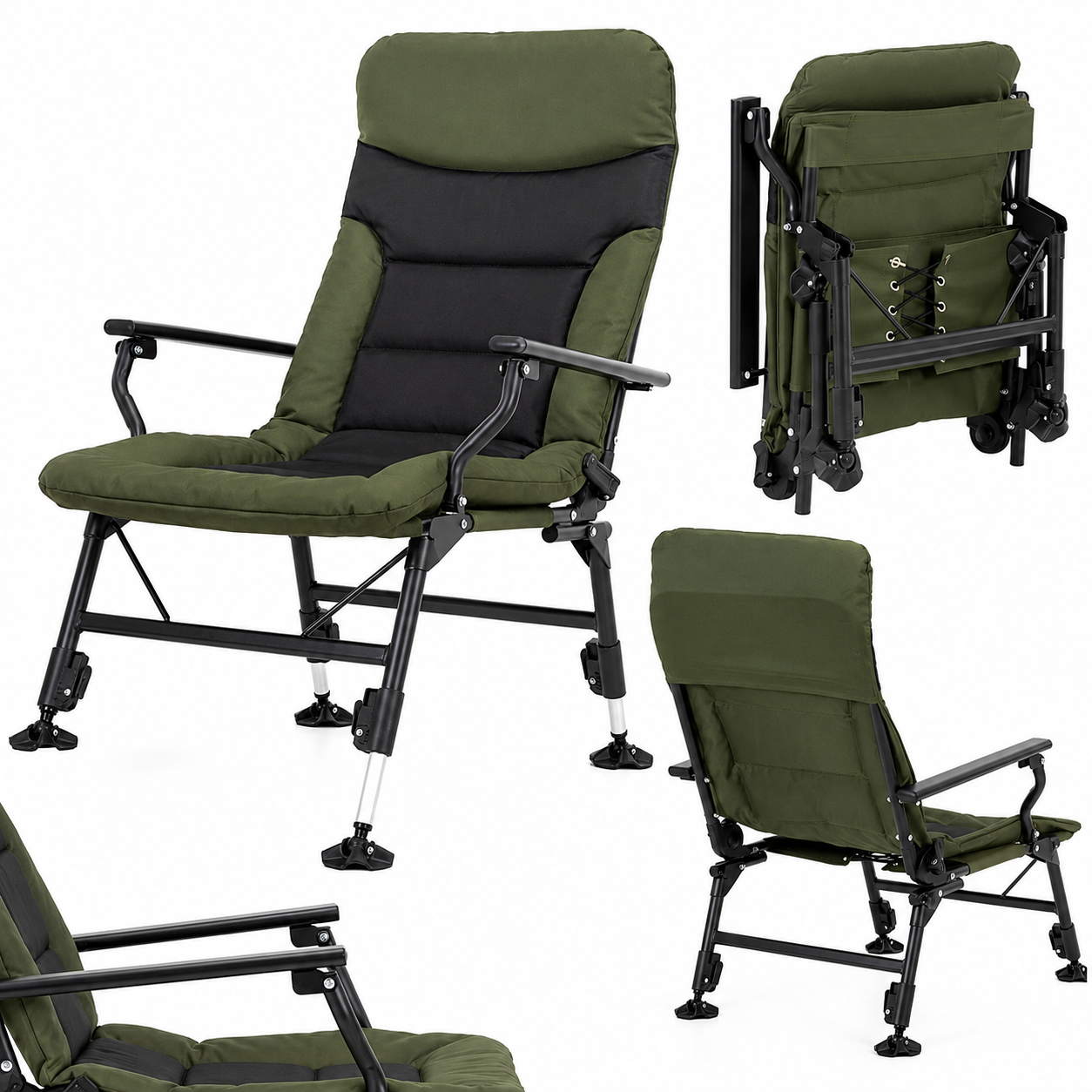Scaun pliabil premium pentru pescuit sau camping, reglabil in 5 pozitii, picioare reglabile pe inaltime, 72x60x102 cm, 180 kg, verde inchis - imagine 3
