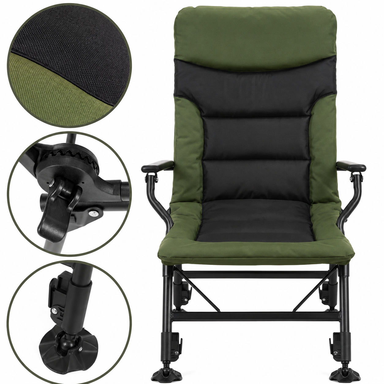 Scaun pliabil premium pentru pescuit sau camping, reglabil in 5 pozitii, picioare reglabile pe inaltime, 72x60x102 cm, 180 kg, verde inchis - imagine 20