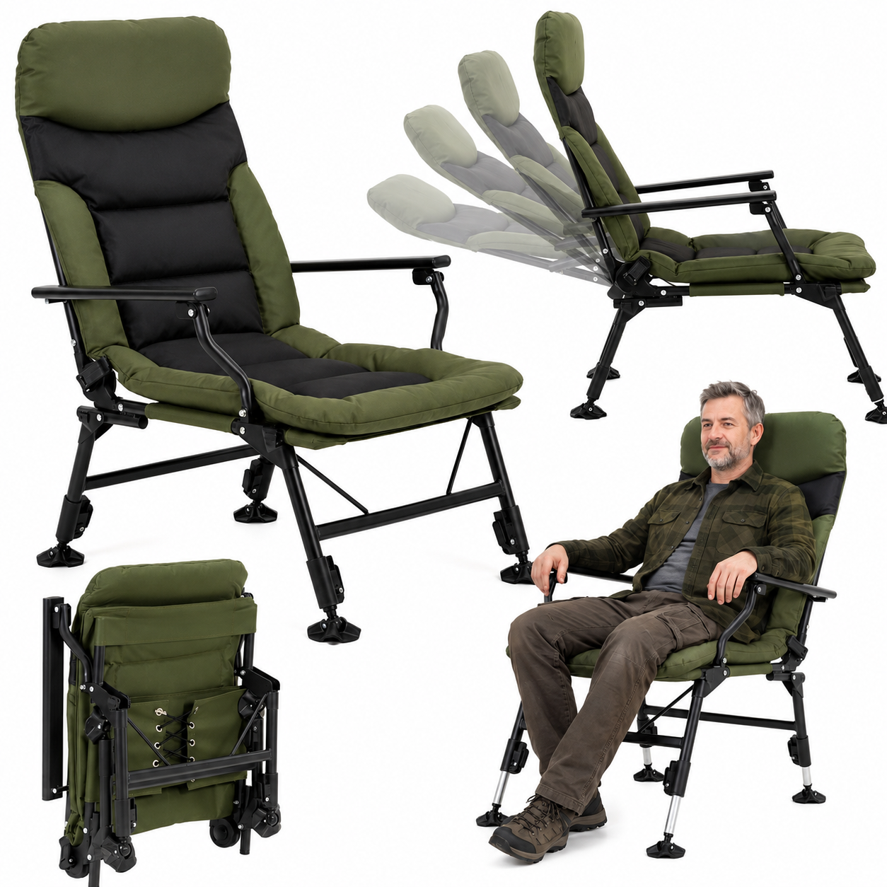 Scaun pliabil premium pentru pescuit sau camping, reglabil in 5 pozitii, picioare reglabile pe inaltime, 72x60x102 cm, 180 kg, verde inchis - imagine 22