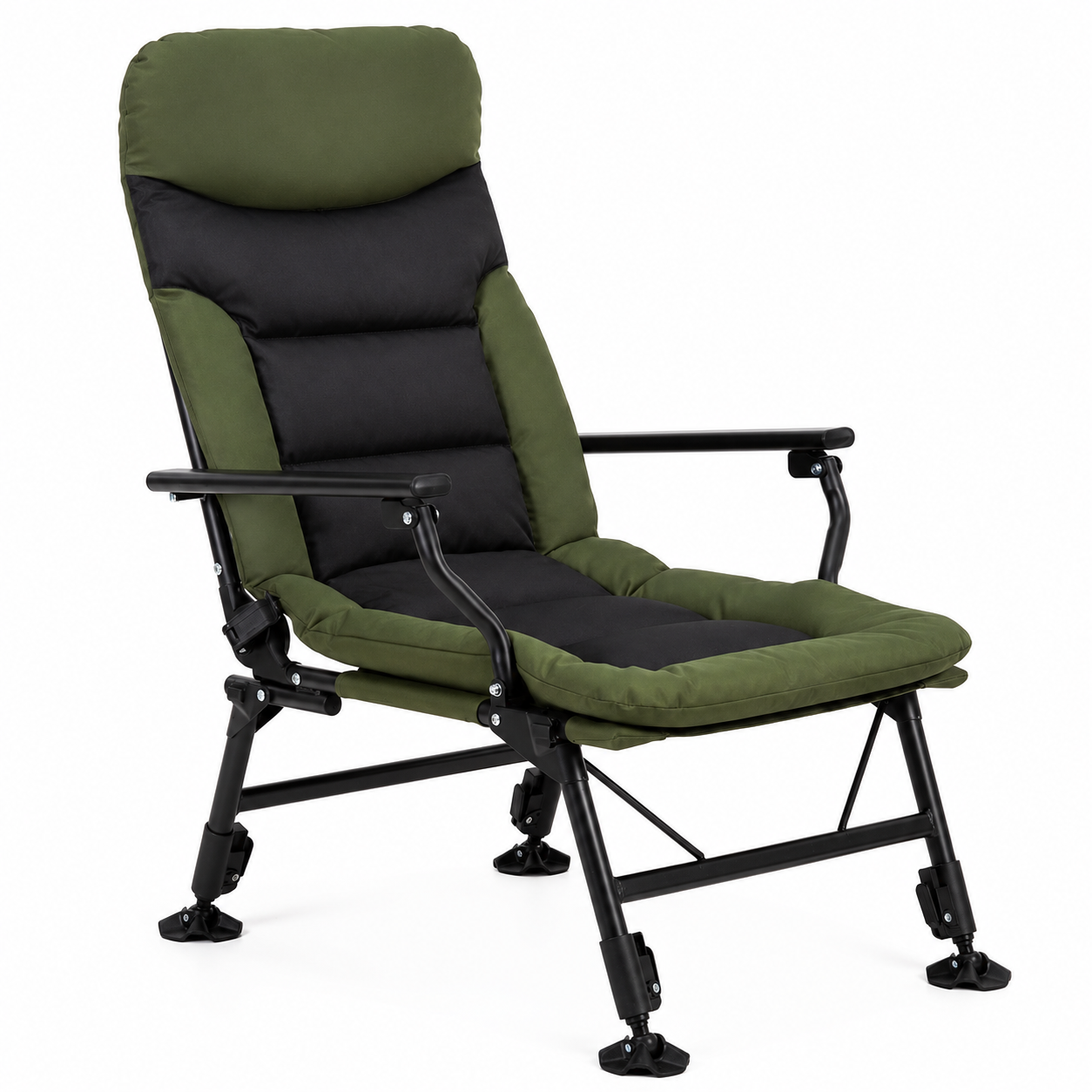 Scaun pliabil premium pentru pescuit sau camping, reglabil in 5 pozitii, picioare reglabile pe inaltime, 72x60x102 cm, 180 kg, verde inchis