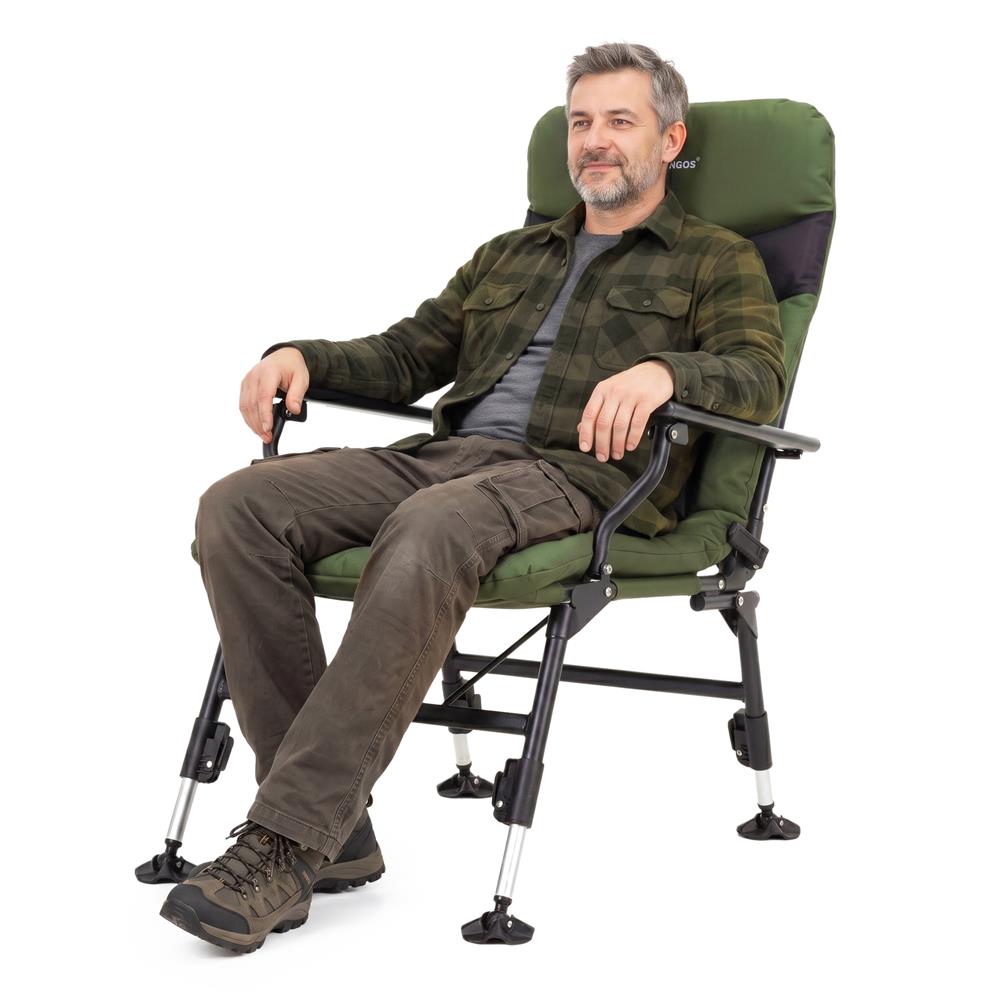 Scaun pliabil premium pentru pescuit sau camping, reglabil in 5 pozitii, picioare reglabile pe inaltime, 72x60x102 cm, 180 kg, verde inchis - imagine 15