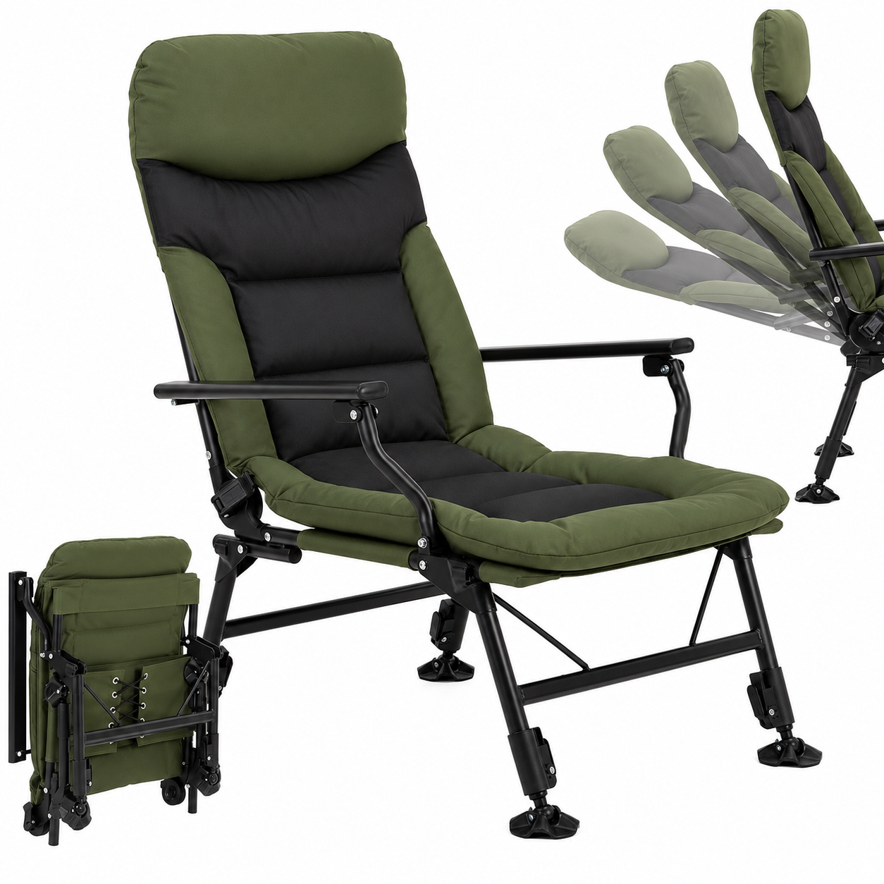Scaun pliabil premium pentru pescuit sau camping, reglabil in 5 pozitii, picioare reglabile pe inaltime, 72x60x102 cm, 180 kg, verde inchis - imagine 18