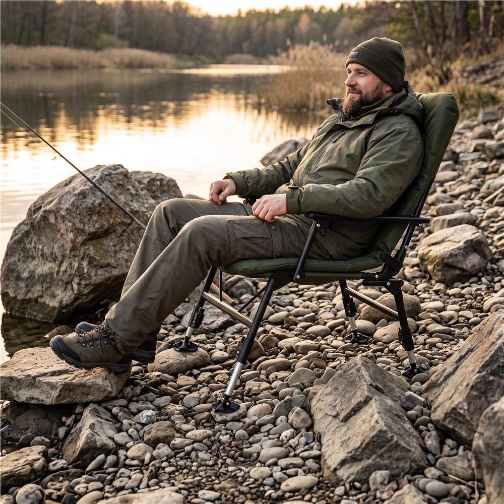 Scaun pliabil premium pentru pescuit sau camping, reglabil in 5 pozitii, picioare reglabile pe inaltime, 71x57x90 cm, 140 kg, verde inchis - imagine 2