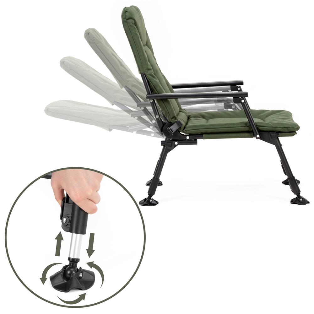 Scaun pliabil premium pentru pescuit sau camping, reglabil in 5 pozitii, picioare reglabile pe inaltime, 71x57x90 cm, 140 kg, verde inchis - imagine 15