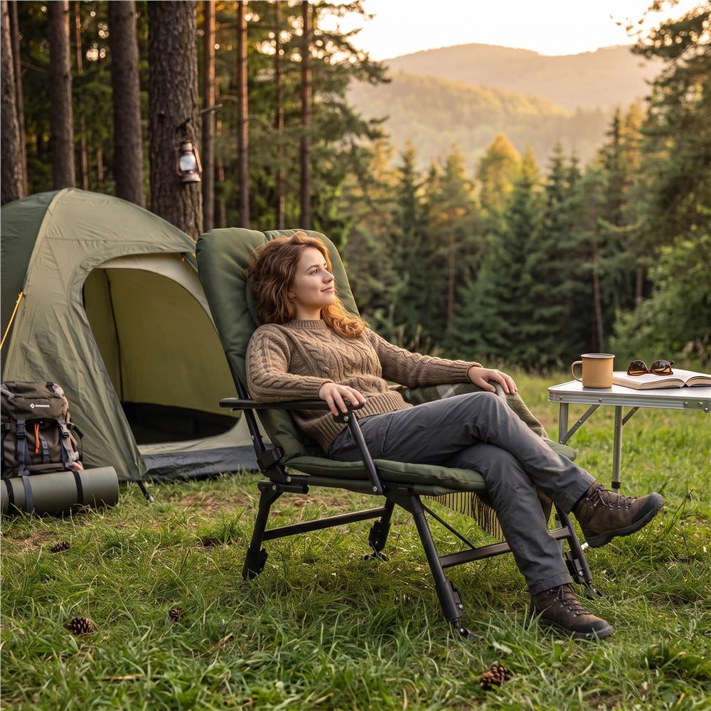Scaun pliabil premium pentru pescuit sau camping, reglabil in 5 pozitii, picioare reglabile pe inaltime, 71x57x90 cm, 140 kg, verde inchis - imagine 4